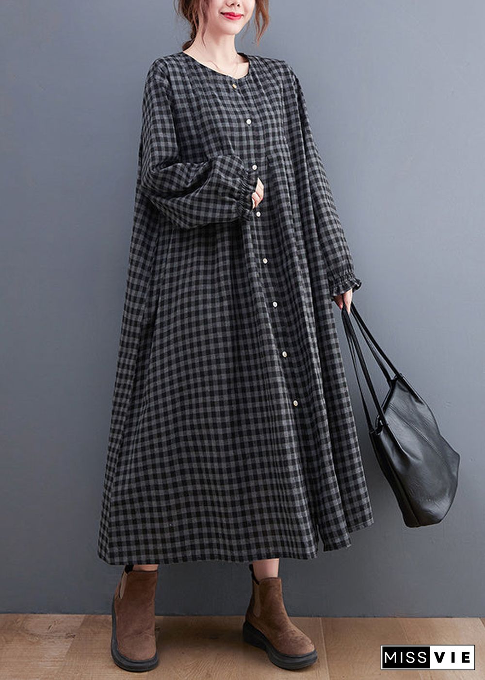 Plus Size Grey Plaid O-Neck Button Maxi Dresses Long Sleeve