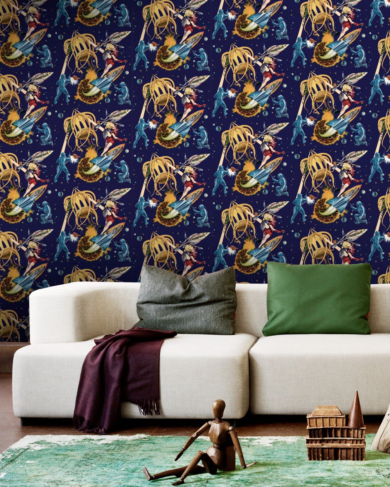 Sci-Fi Pulp Wallpaper in Blue and Yellow from the Eclectic Collection