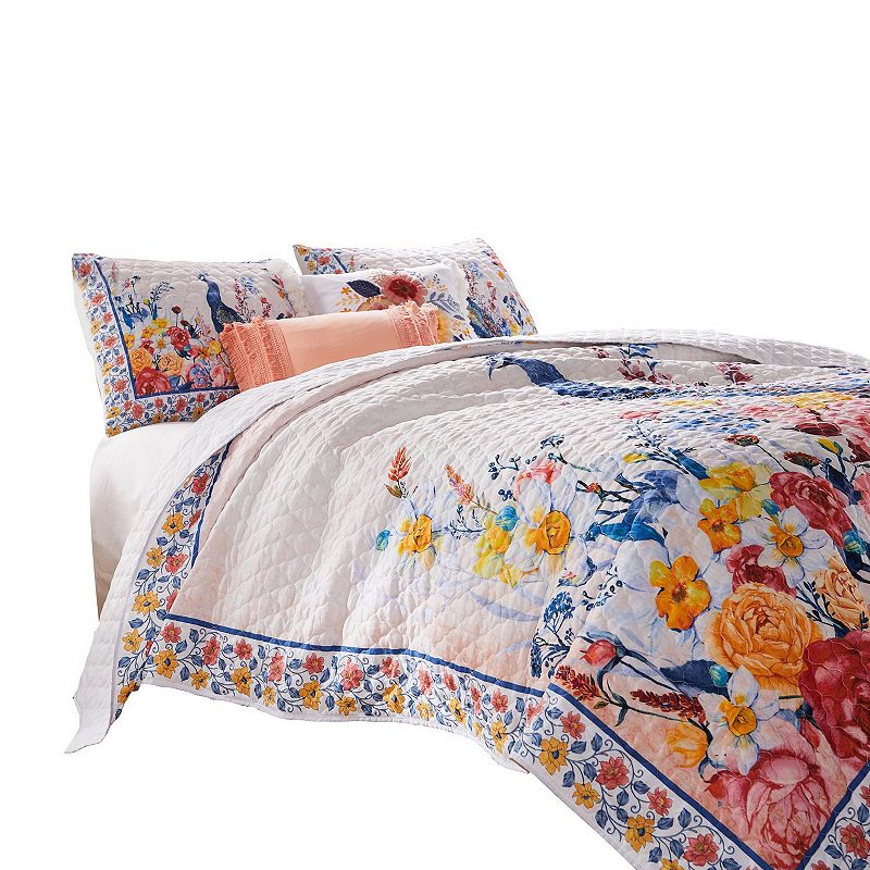 Tess Microfiber 2 Piece Twin Quilt Set， Peacock， Floral Print， Multicolor