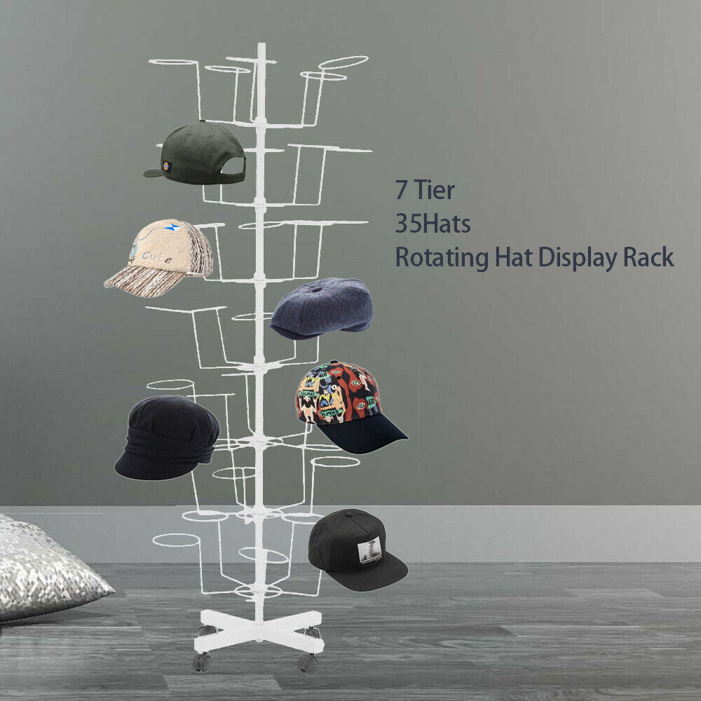 TFCFL 7 Tiers Hat Cap Display Retail Hat Cap Rack Rotating Spinner Metal white Stand (White)