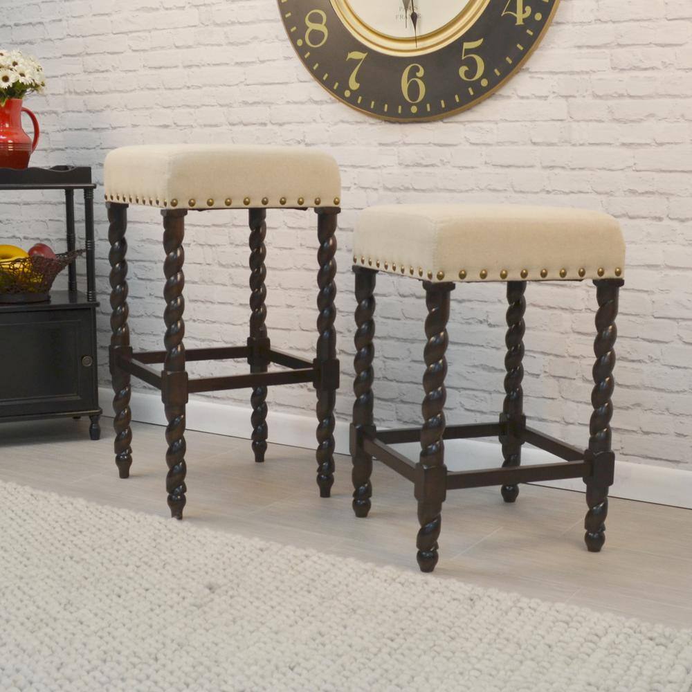 Carolina Cottage Remick 30 in. Espresso and Linen Barley Twist Upholstered Bar Stool 3664-ESLN