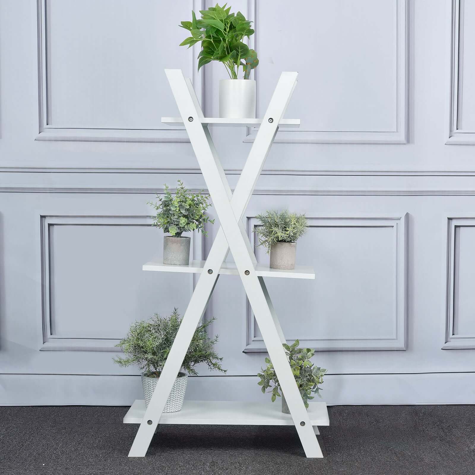 3-Tier White Wooden Plant Stand, X-Frame Display Shelf Accent Rack 44