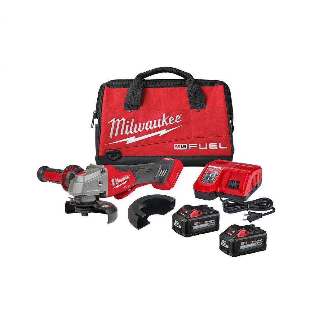 MW M18 FUEL 18V Lithium-Ion Brushless Cordless 4-12 in.5 in. Braking Grinder Kit wPaddle Switch  (2)6.0 Batteries 2882-22