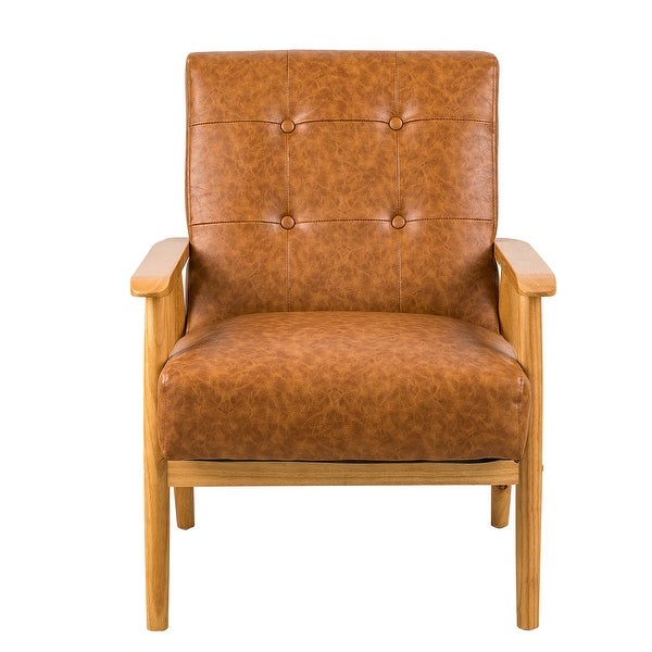 Brown Leather Accent Chair with Solid Wood Legs - Upholstered Lounge Arm Chairs