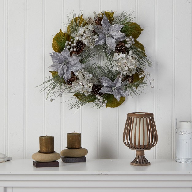 Nearly Natural 24 Silver Poinsettia Hydrangea And Pinecones Artificial Christmas Wreath