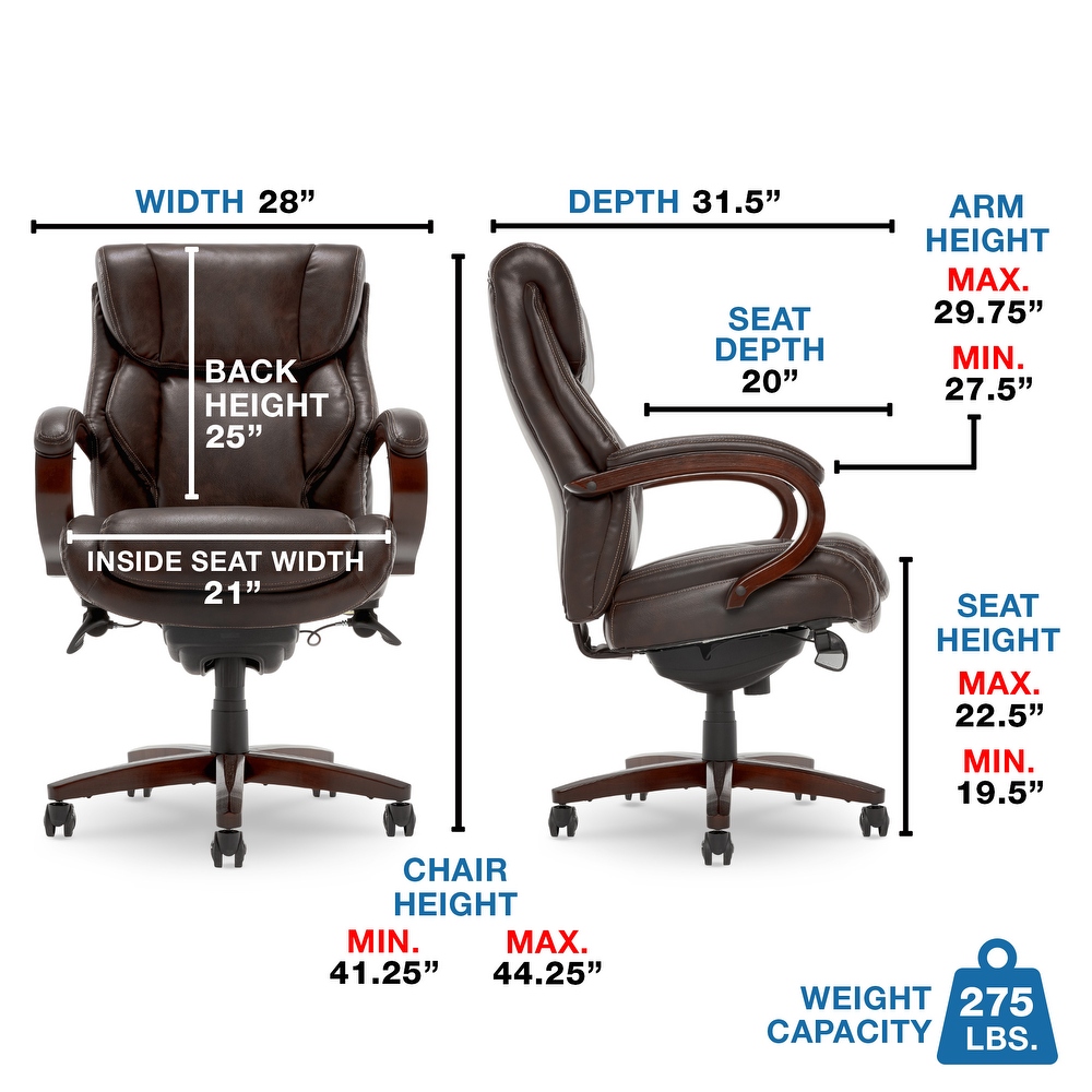 La Z Boy Bellamy Executive Leather Office Chair with Memory Foam Cushions  Solid Wood Arms and Base  Waterfall Seat Edge