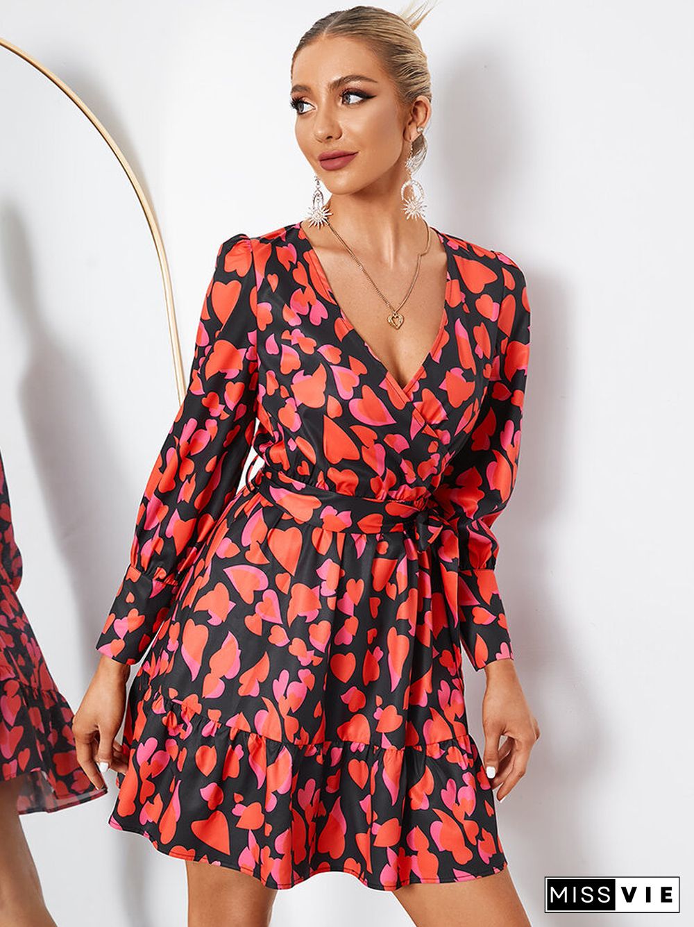 Heart Print Belt Cross Wrap V-neck Long Sleeve Dress