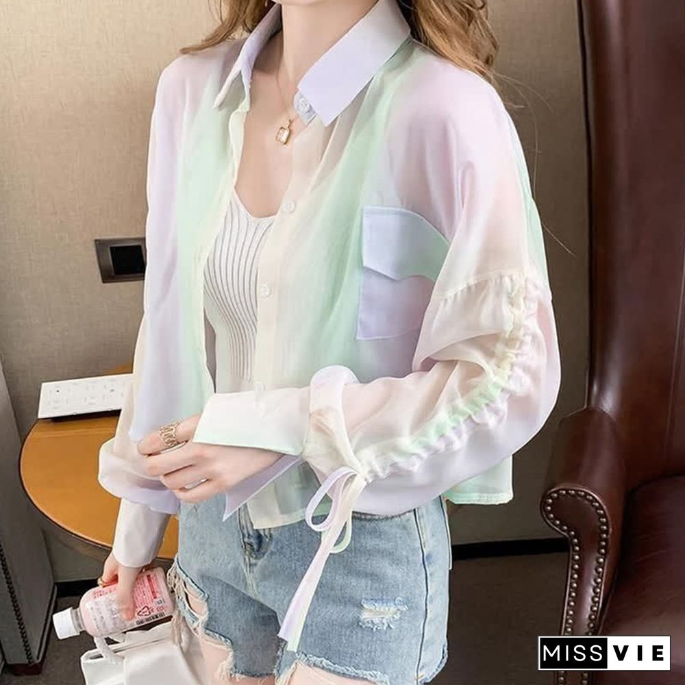 Casual Rainbow Print Drawstring Sleeve Crop Shirt