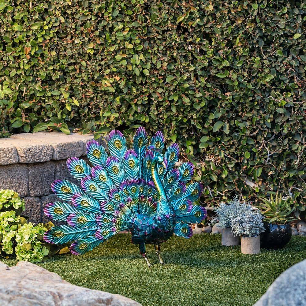 Alpine Corporation 23 in. Tall Outdoor Metallic Peacock Tail Spread Yard Statue Decoration, Multicolor JUM232