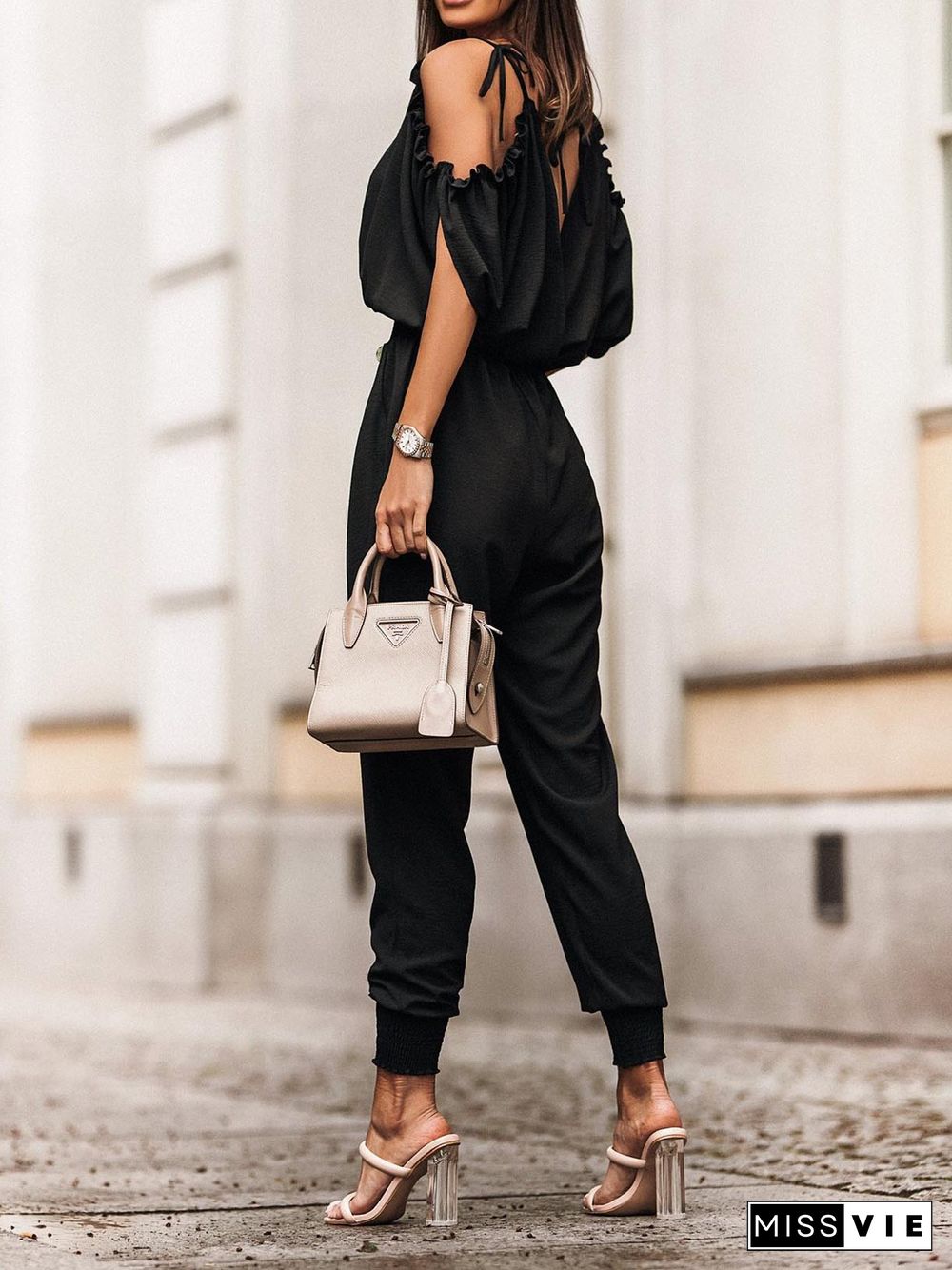 Wonderful Ideas Ruffle Cold Shoulder Jumpsuit