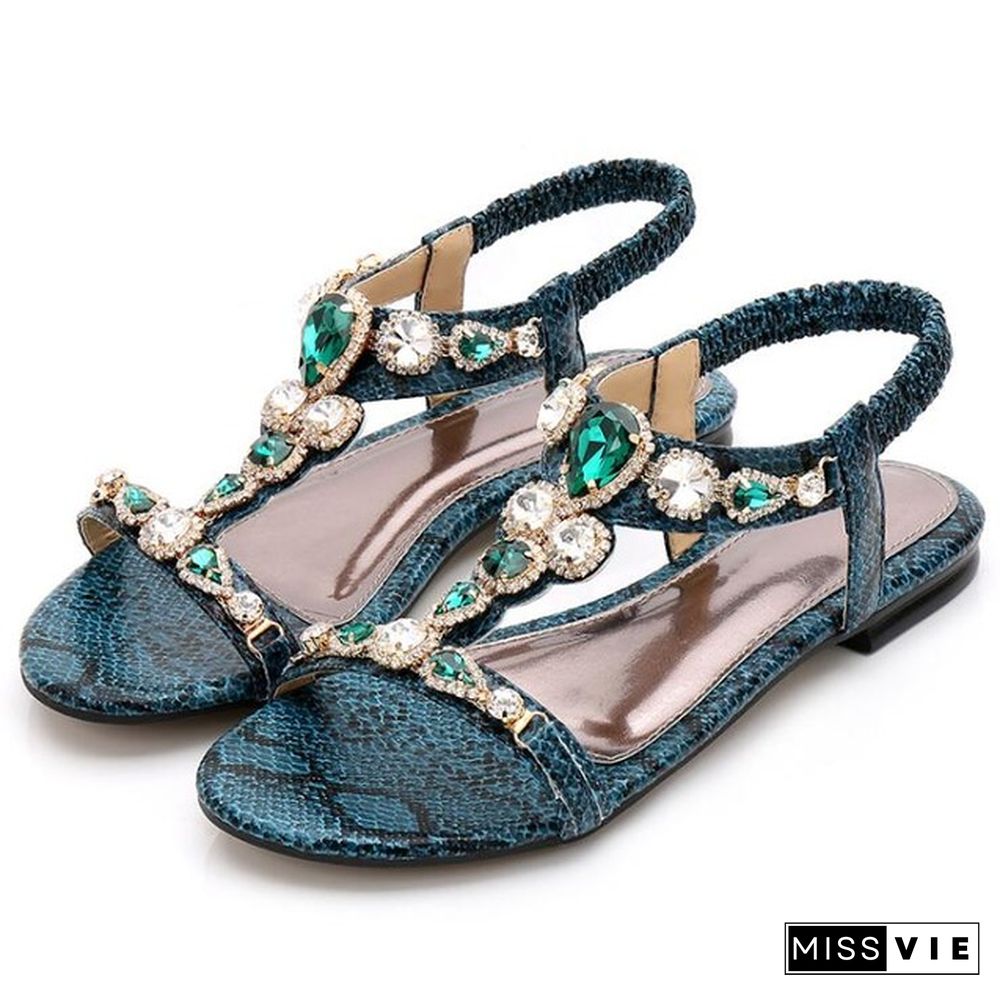 MVVJKEnew Vintage Bohemian Rhinestone Sandals Female Retro Sexy Beaded Snake Sandals Leisure Beach Flip Flops Sandals Women