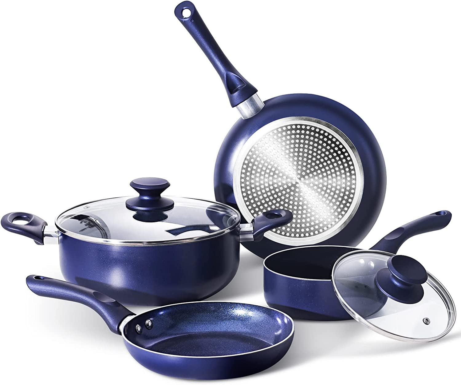 6 Pieces Pots and Pans Set,Aluminum Cookware Set, Nonstick Ceramic Coating, Fry Pan, Stockpot with Lid, Blue