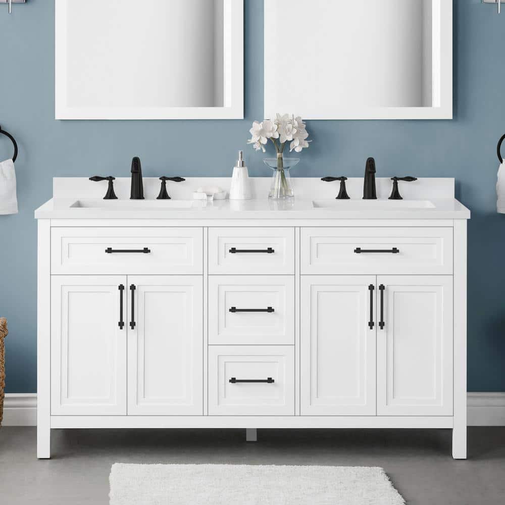 Home Decorators Collection Mayfield 60 in W x 22 in D x 35 in H in White with Cultured Marble Vanity Top in White with White Basins