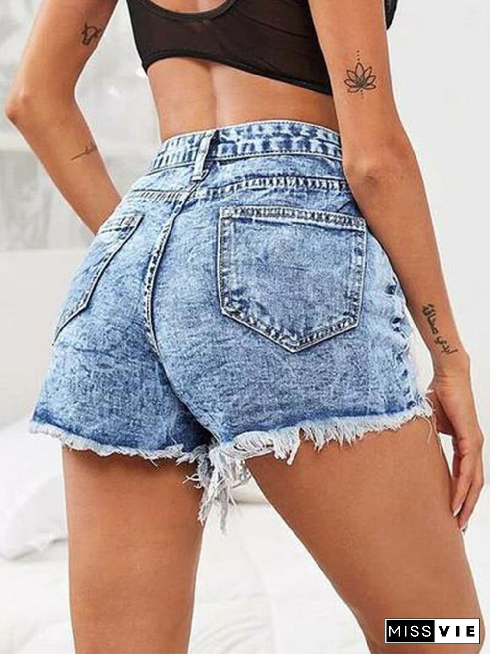 Solid High Waist Ripped Denim Shorts P15148