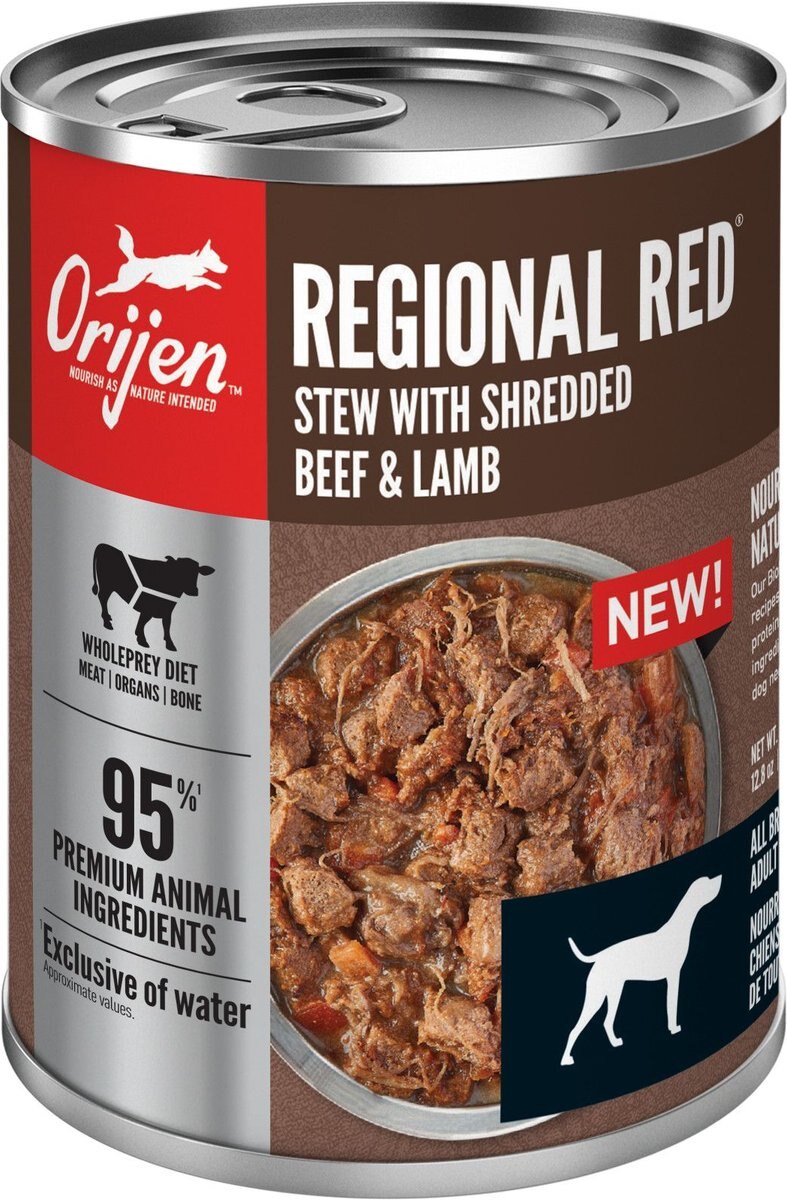 ORIJEN Real Meat Shreds Regional Stew Grain-Free Wet Dog Food， 12.8-oz can， case of 12