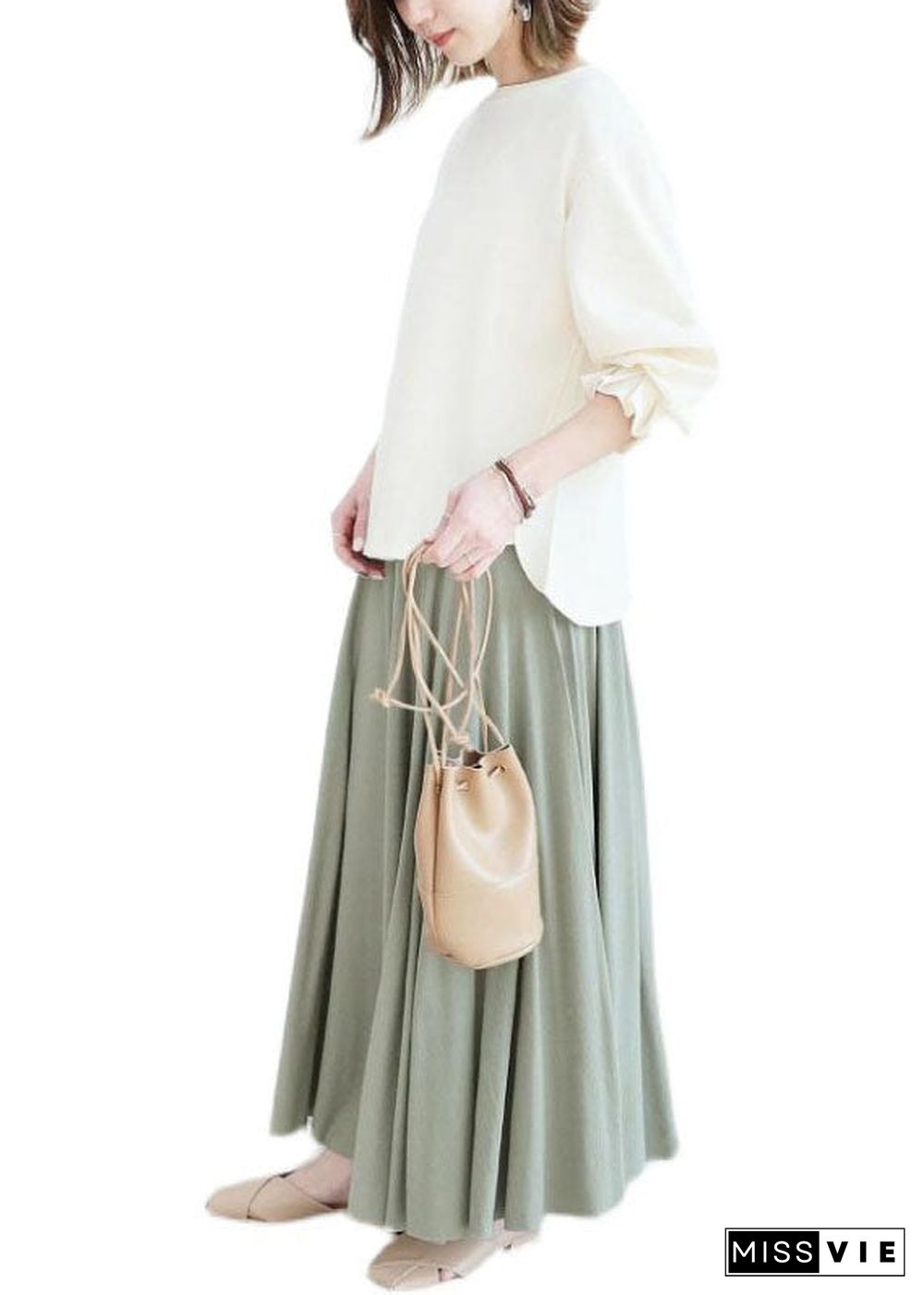 Elegant Light Green Wrinkled Exra Large Hem Cotton Skirt Spring