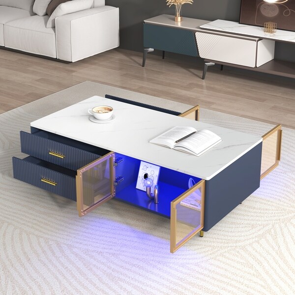 Coffee Table with 2 Glass Door Storage 4 Drawers Gold Metal Legs and MultiColor Lighting in 47.2''