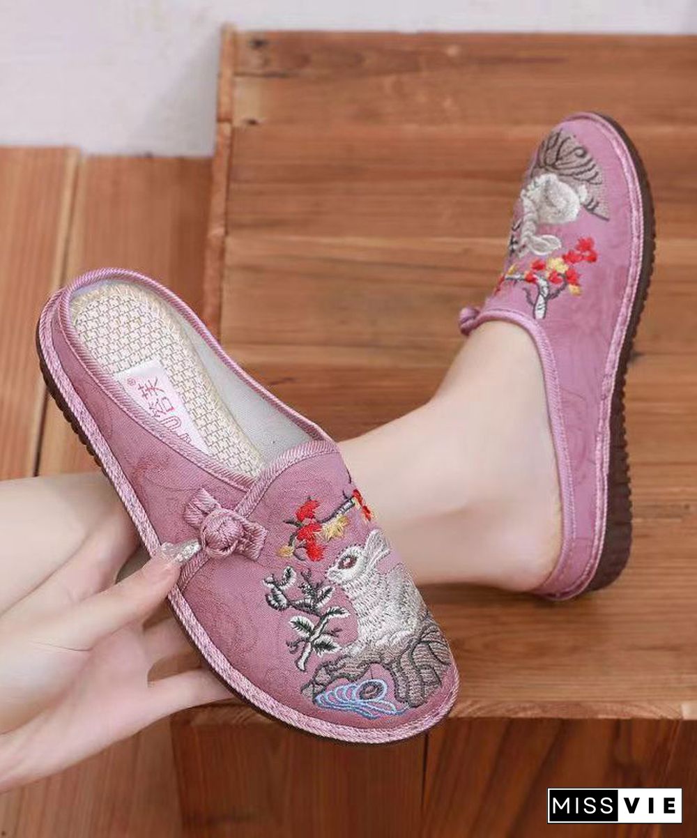 Pink Embroidery Retro Splicing Slide Sandals