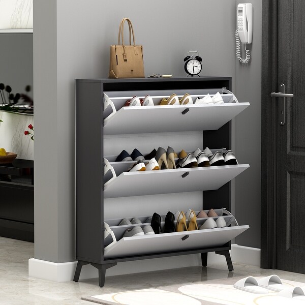 Timechee 35.4W 20-24 Pair Shoe Storage Cabinet BlackGrey Space Saving - - 35654684