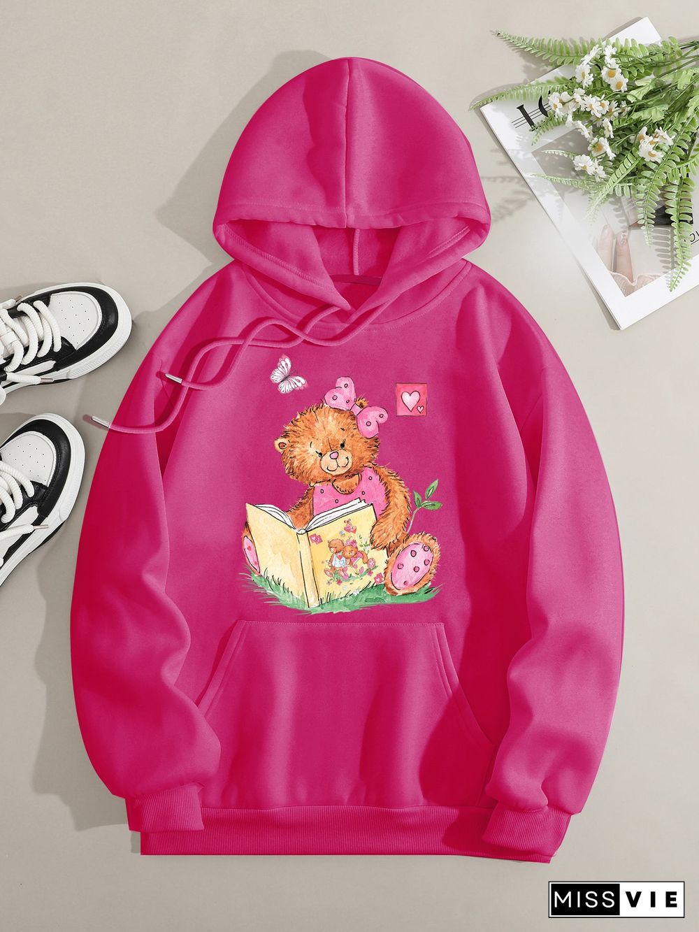 Printed on front Kangaroo Pocket Hoodie Long Sleeve for Women Pattern Pink Bear Reading