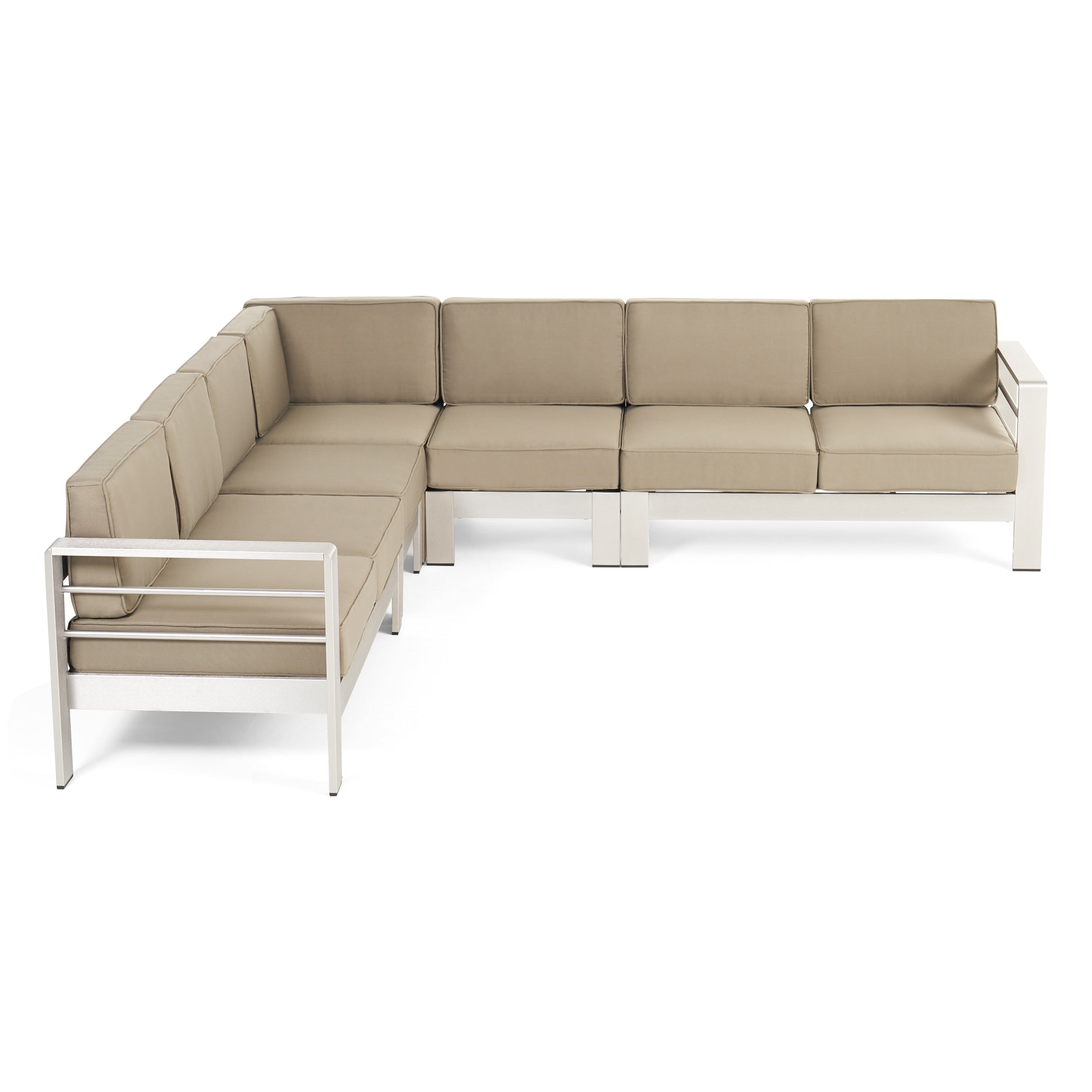 Emily Coral Outdoor 7-Seater Aluminum Sectional Sofa Set, Silver and Khaki