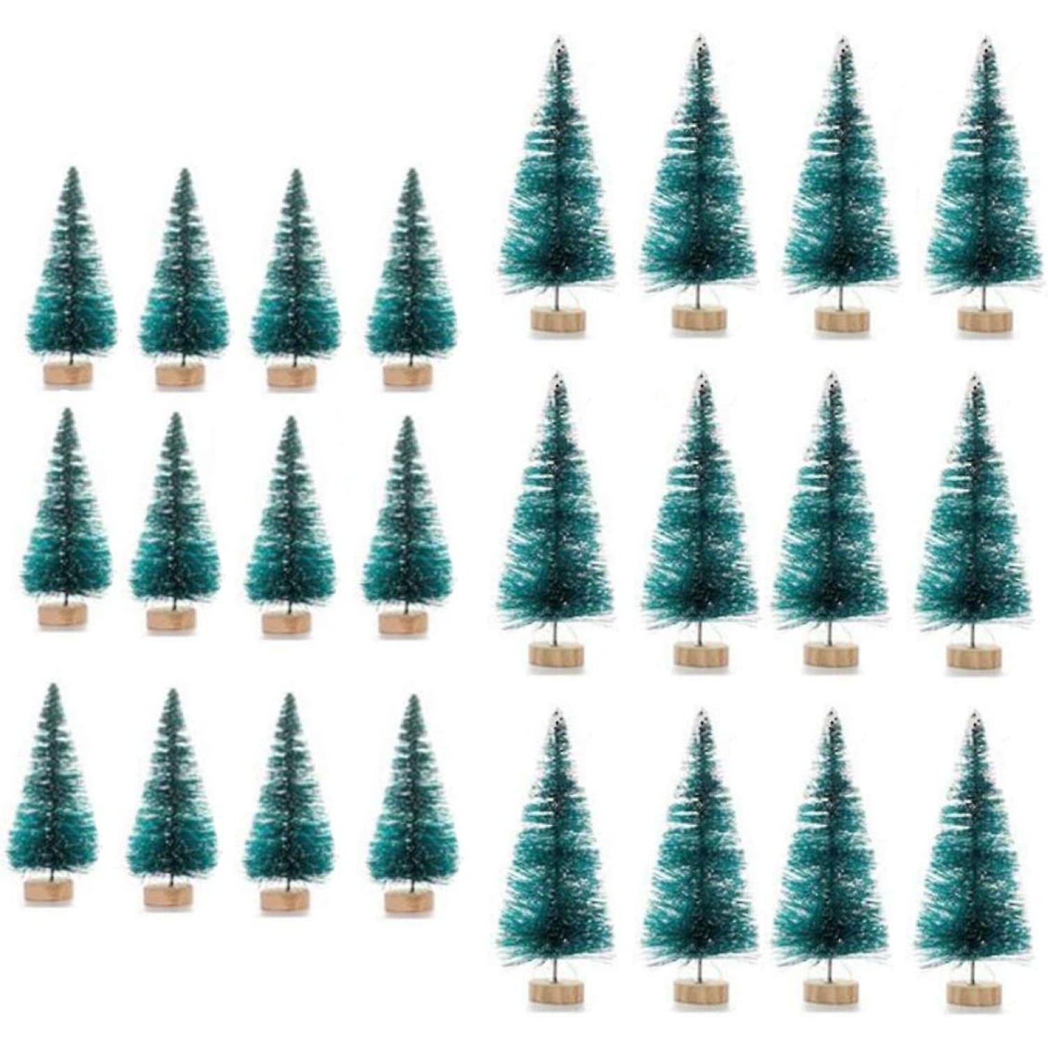 24 Pcs Mini Artificial Pine Trees Frosted Sisal Trees Christmas Tree With Wood Base Bottle Brush Trees Plastic Winter Snow Ornaments Tabletop Trees Fo