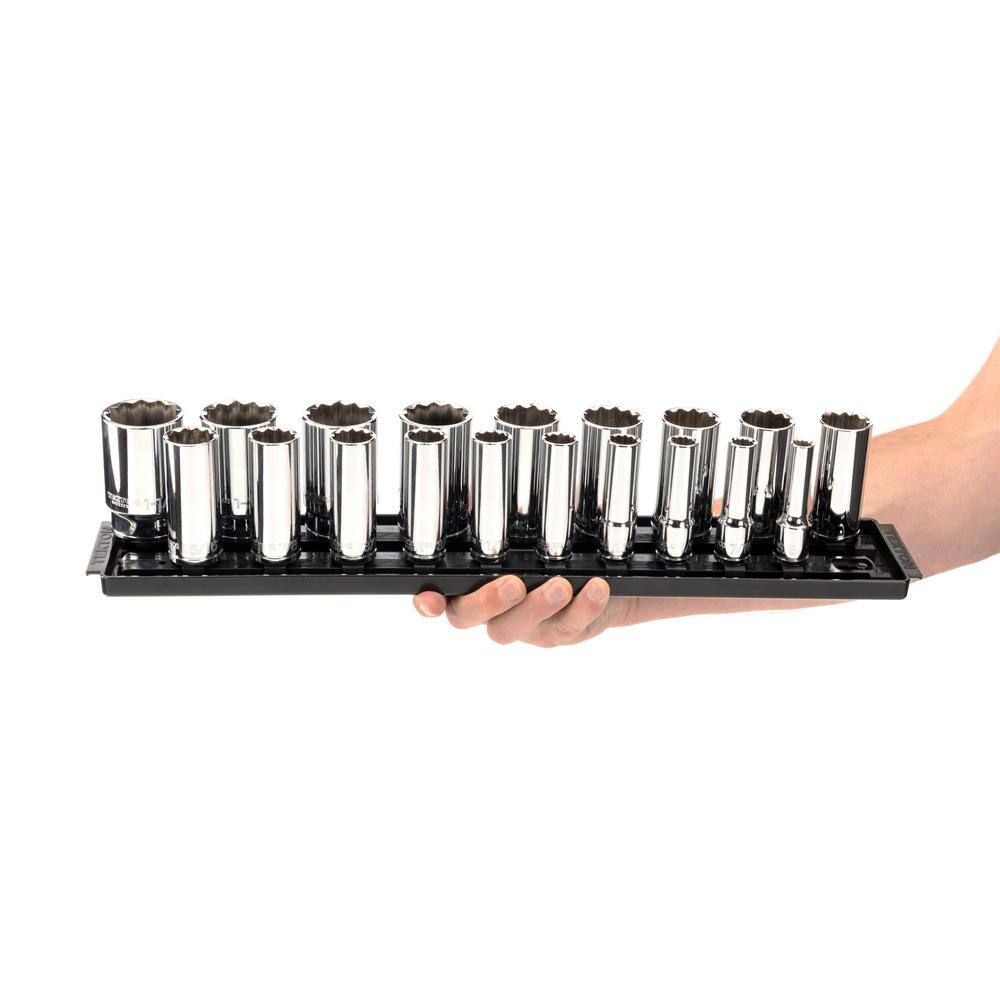 TEKTON 12 in. Drive Deep 12-Point Socket Set with Rails (38 in.-1-12 in.) (19-Piece) SHD92127