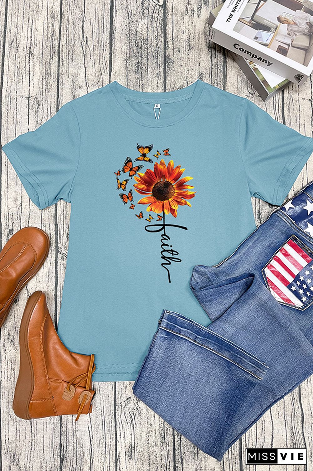 Sunflower and Butterflies Short Sleeve Graphic Tee Wholesale