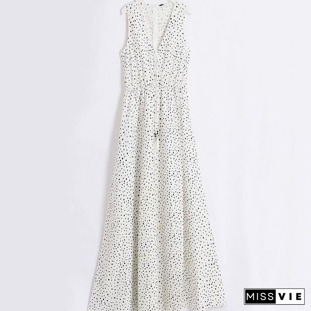 V Neck Dot Printed Floor Length Dress(3 Colors)