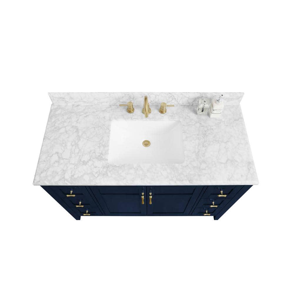 Home Decorators Collection Sturgess 49 in W x 22 in D Bath Vanity in Navy Blue with Marble Vanity Top in Carrara White with White Basin