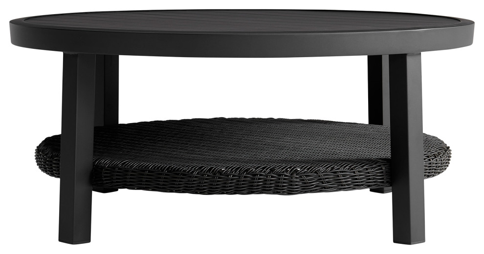 Grand Black Aluminum Outdoor Round Conversation Table with Wicker Shelf   Tropical   Outdoor Coffee Tables   by BisonOffice  Houzz