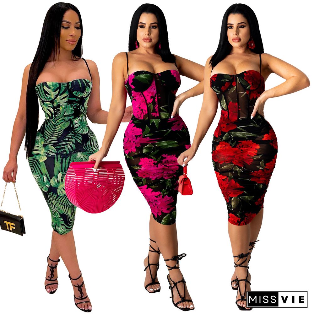 Summer Sleeveless Floral Print Spaghetti Straps Women Ruched Bodycon Beach Club Party Midi Dress