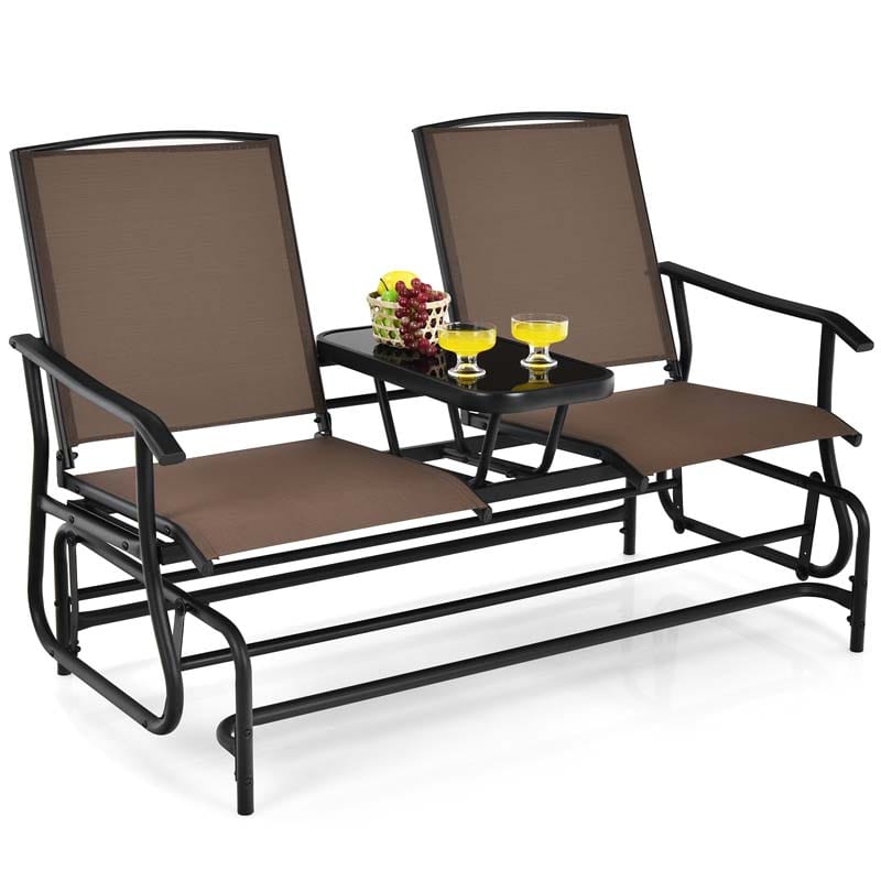 2-Person Outdoor Bench Glider Chair with Center Table, Mesh Fabric Rocking Loveseat for Patio