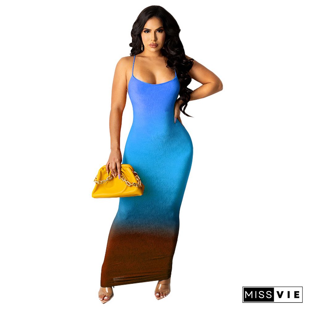 Sexy Summer Outfit Gradient Color Sleeveless Spaghetti Strap O-neck Strechy Bodycon Long Maxi Dresses