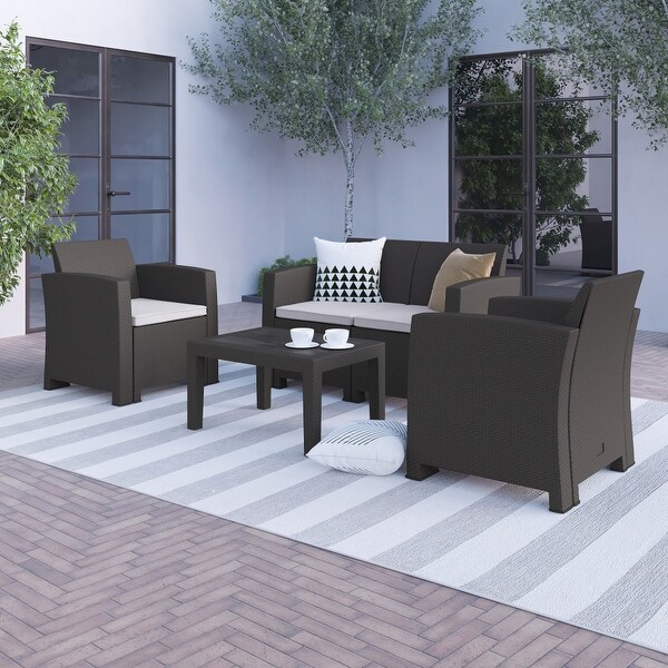 4 Piece Outdoor Faux Rattan Chair，Loveseat and Table Set