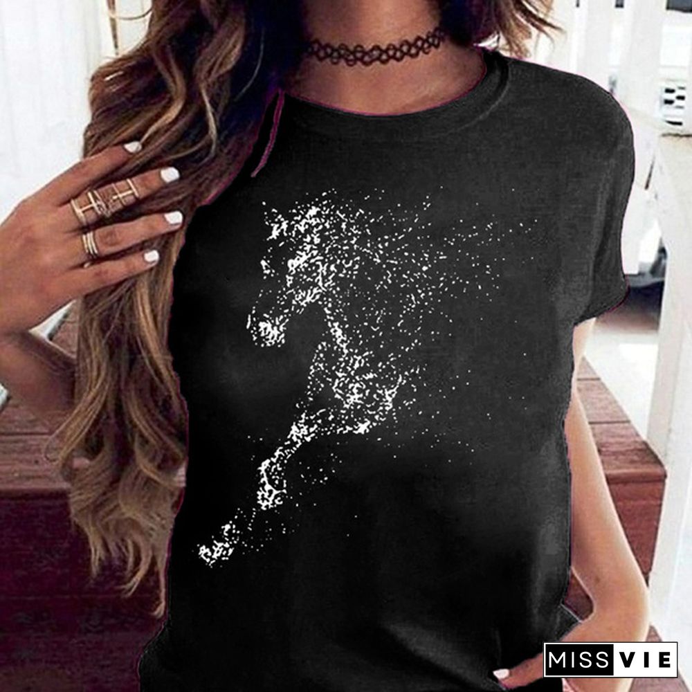 Cute Horse Print T Shirts for Women Summer Short Sleeved Tees Top Women's Round Neck Graphic Tshirts Casual Wear; Loose Fit Tees Woman Blouse Vestidos Mujer