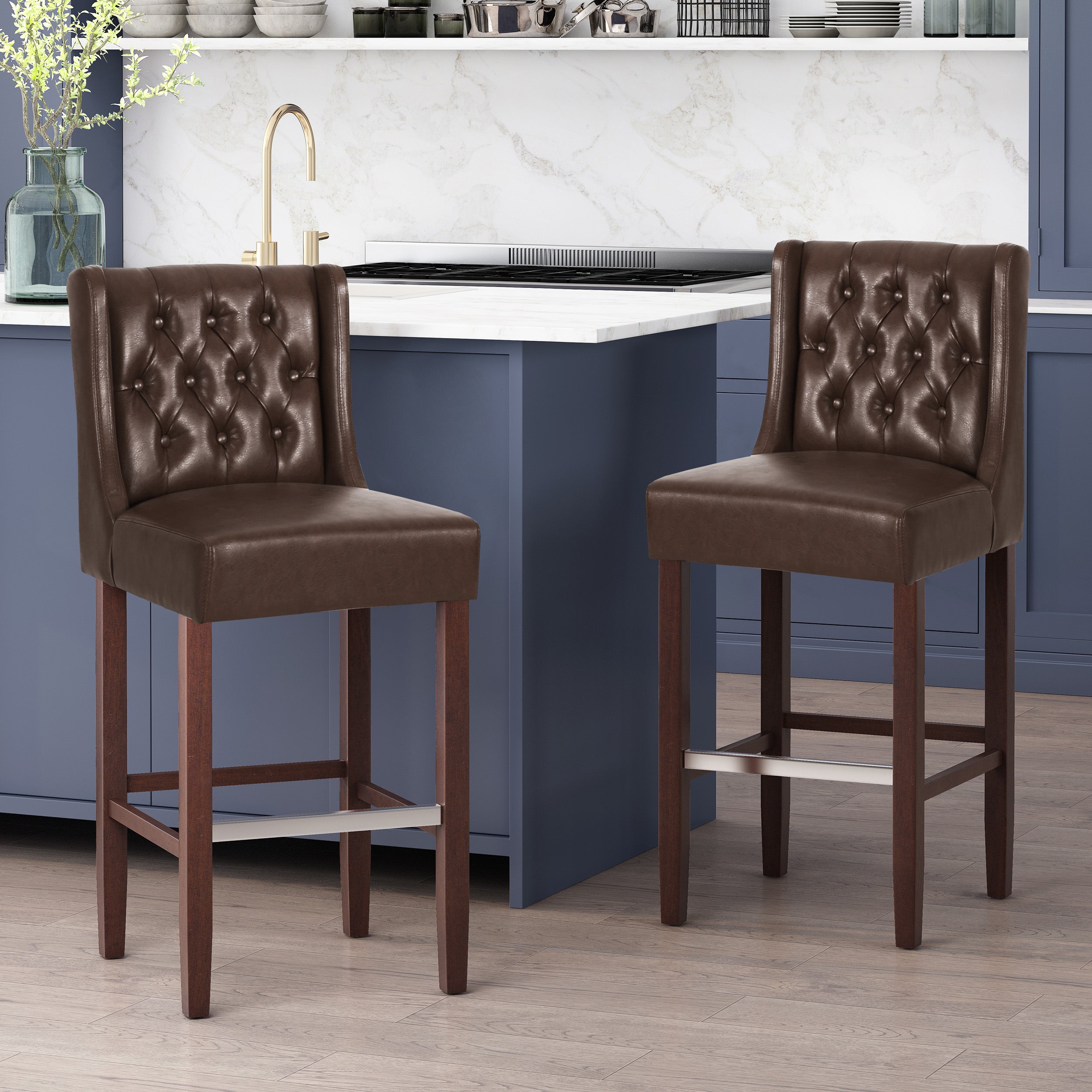 Leeandre Contemporary Wingback Faux Leather Barstools (Set of 2)