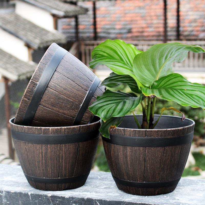 Rustic Resin Whiskey Barrels Bucket Flower Planter Plant Pots Boxes Container Pail Patio Garden Backyard Planter Outdoor Indoor