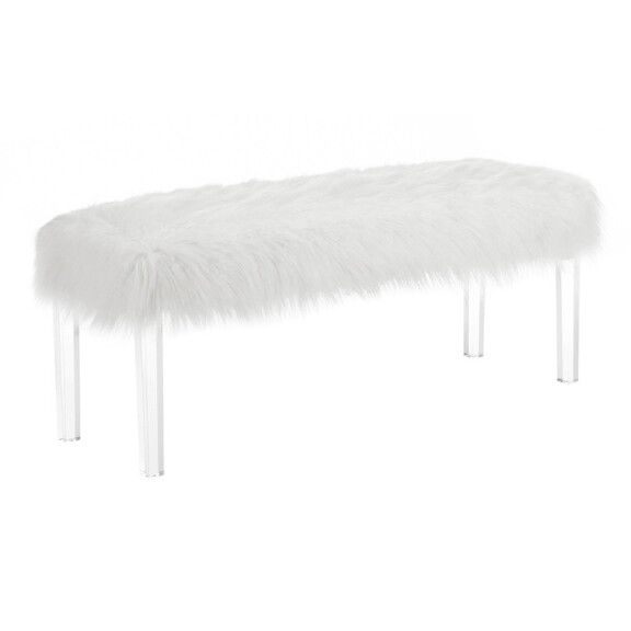 1pc White Glam Accent Bench with Faux Fur Seat Tra...