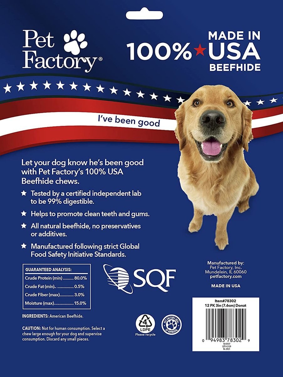 Pet Factory Beefhide 3-inch Donuts Natural Flavored Dog Hard Chews， 12 count