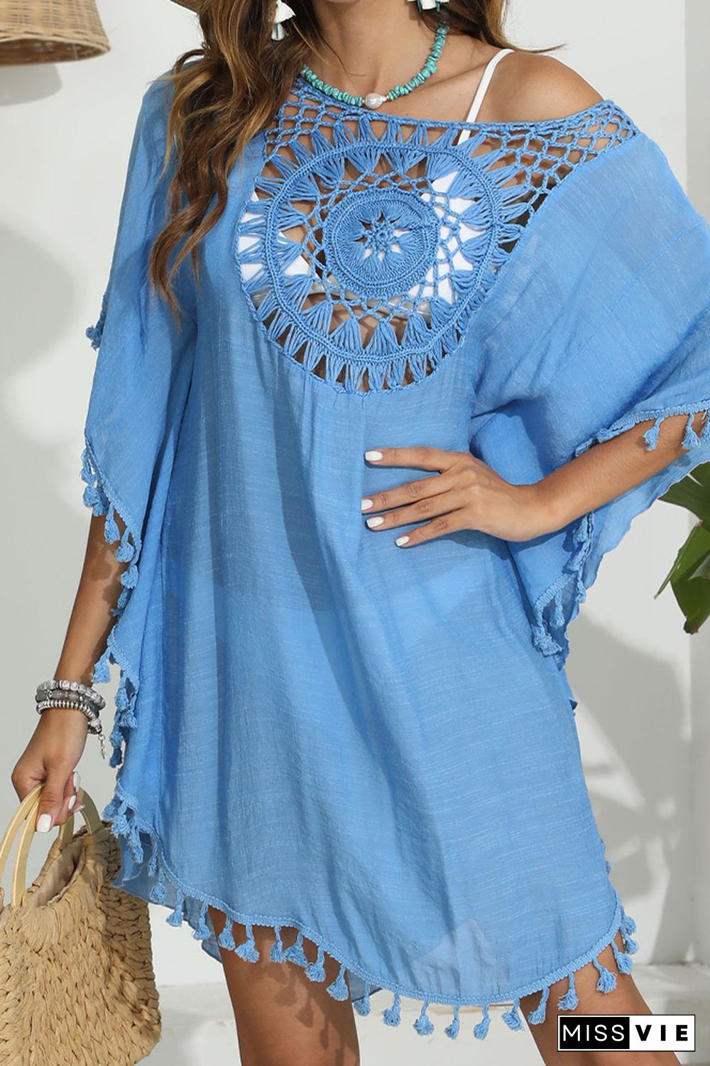 Tassle Crochet Plain Beach Cover Up Kimono