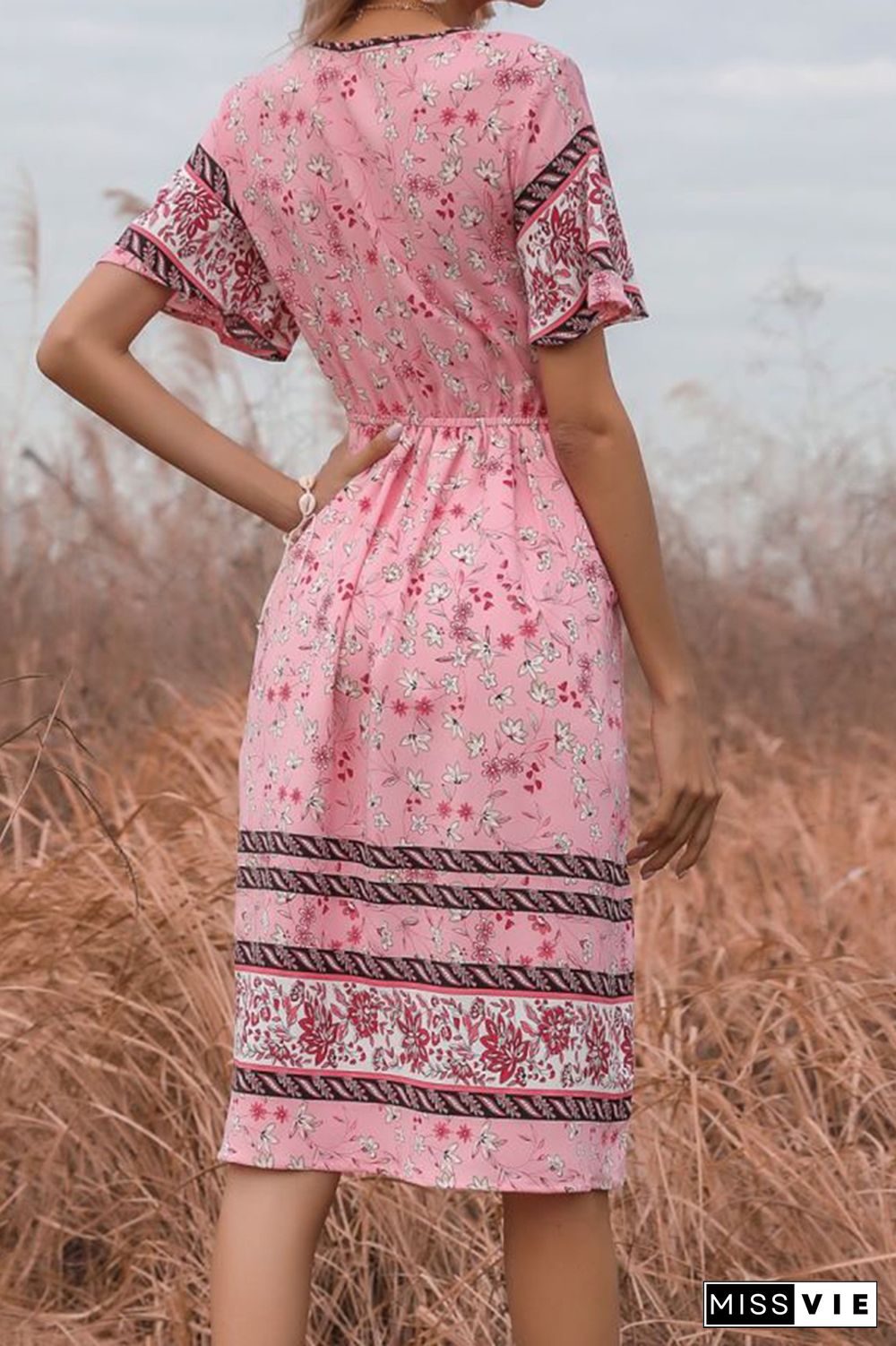 Bohemia Style Pink Floral Print Dress Wholesale