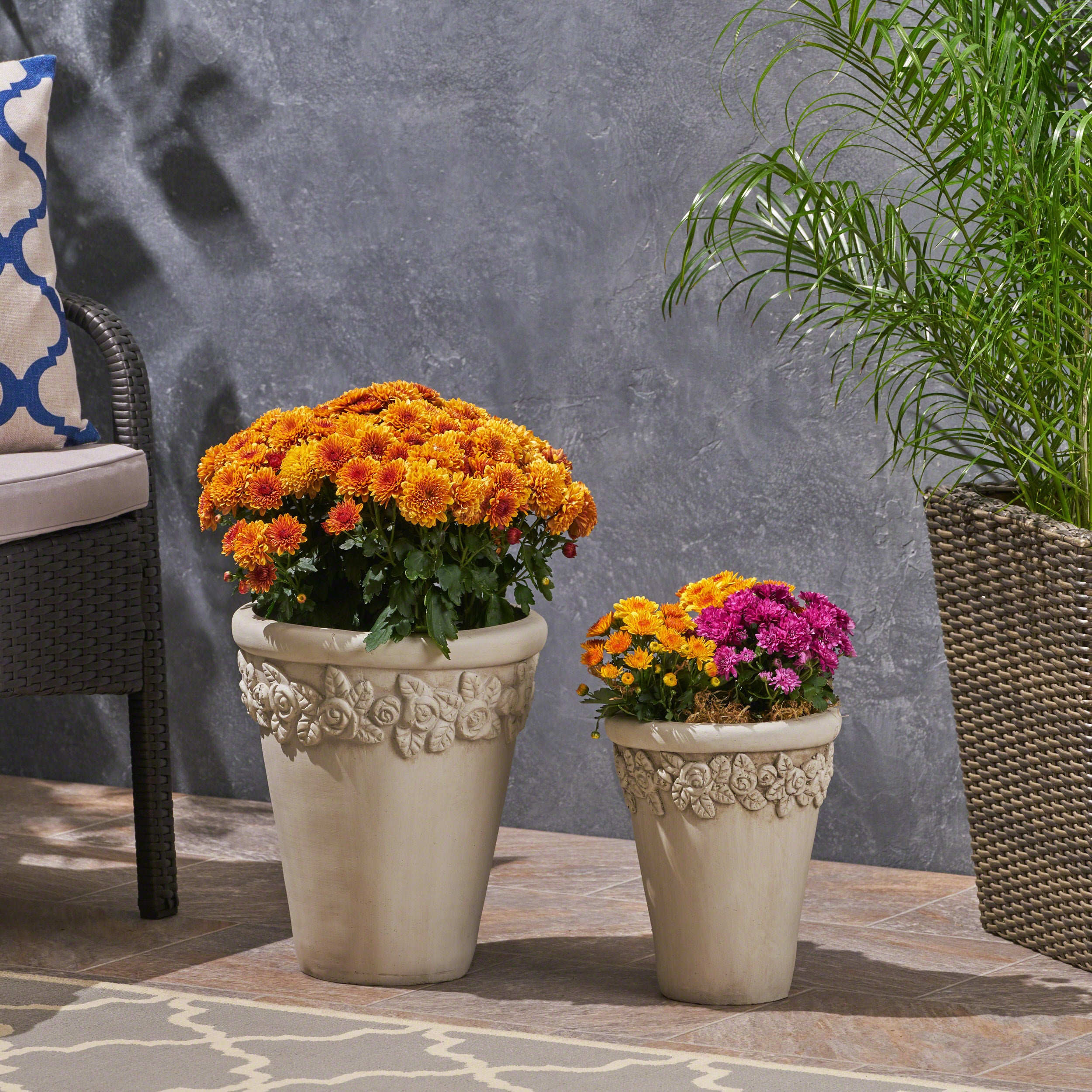 Amidala Garden Planter Pots, Lipped Edges, Tapered, Botanical Accents (Set of 2)