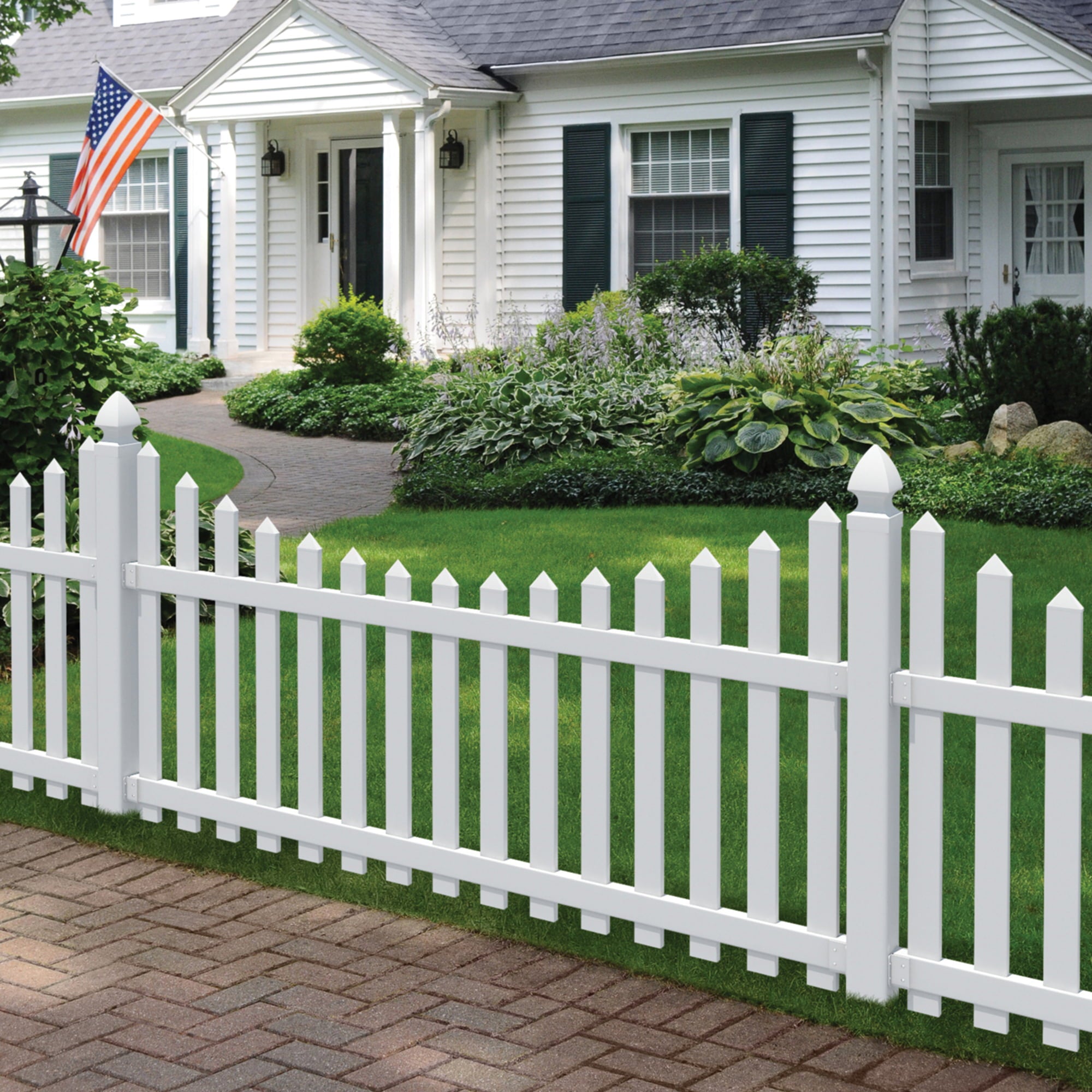 Outdoor Essentials Glendale 4 ft. x 8 ft. White Vinyl Scalloped Pointed Picket Fence Panel