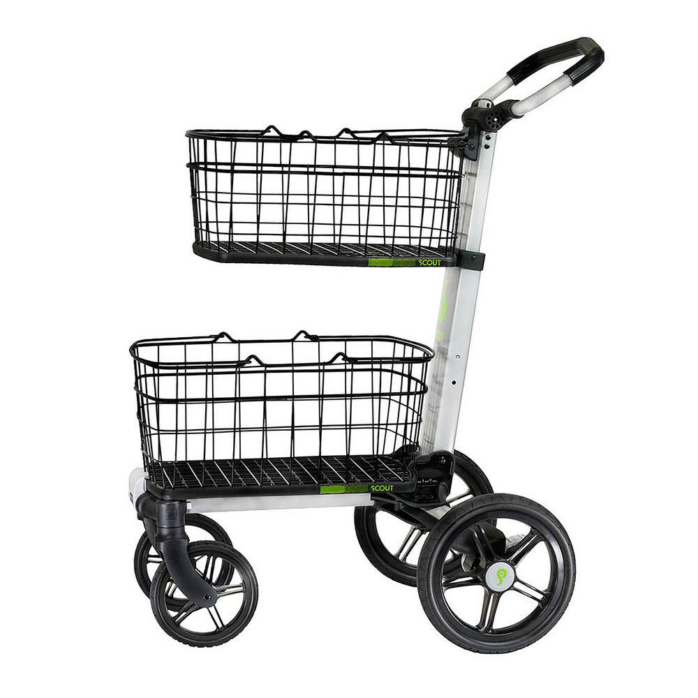 Scout Cart Folding Utility Cart 2 Removable Baskets 7 in. Swivel Front and 10 in. Rear Wheels Rubber Tires Transport Tray for Bins SCV3B