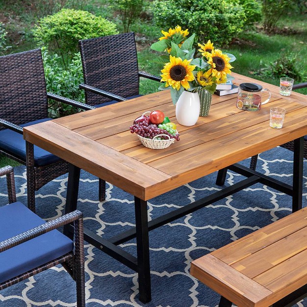 6pc Patio Dining Set With Acacia Wood Table amp Bench And 4 Pe Rattan Chairs Captiva Designs