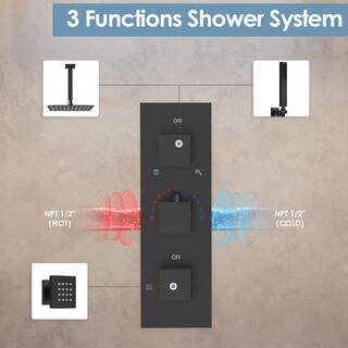 CRANACH 5-Spray Patterns Shower Faucet Set 12 in. Ceiling Mount Dual Shower Heads 2.5 GPM with 6-Jets in Matte Black SRSFS1004-BK12