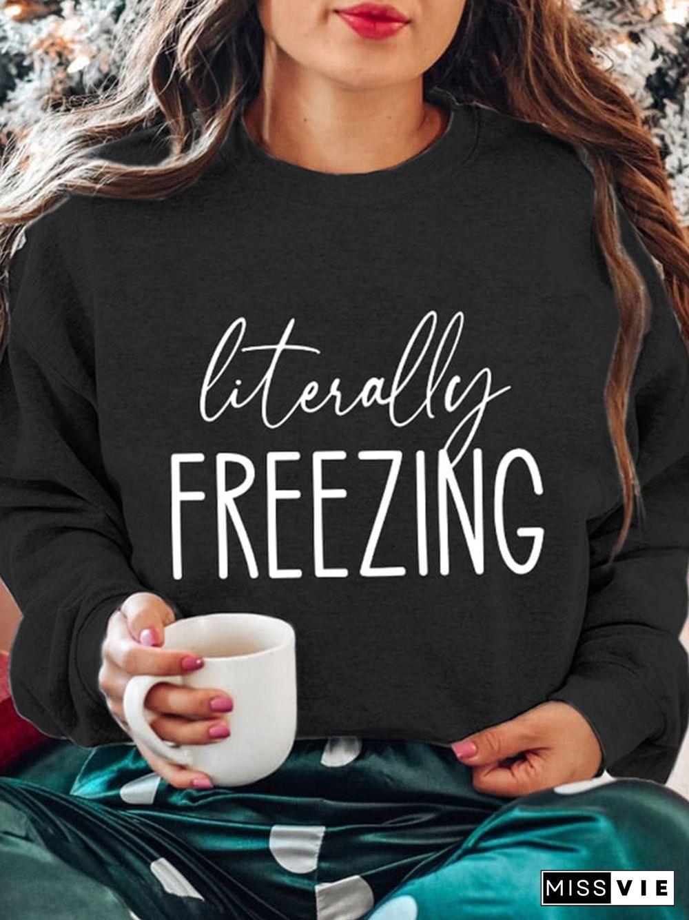 Retro Literally Freezing Print Crew Neck Sweatshirt