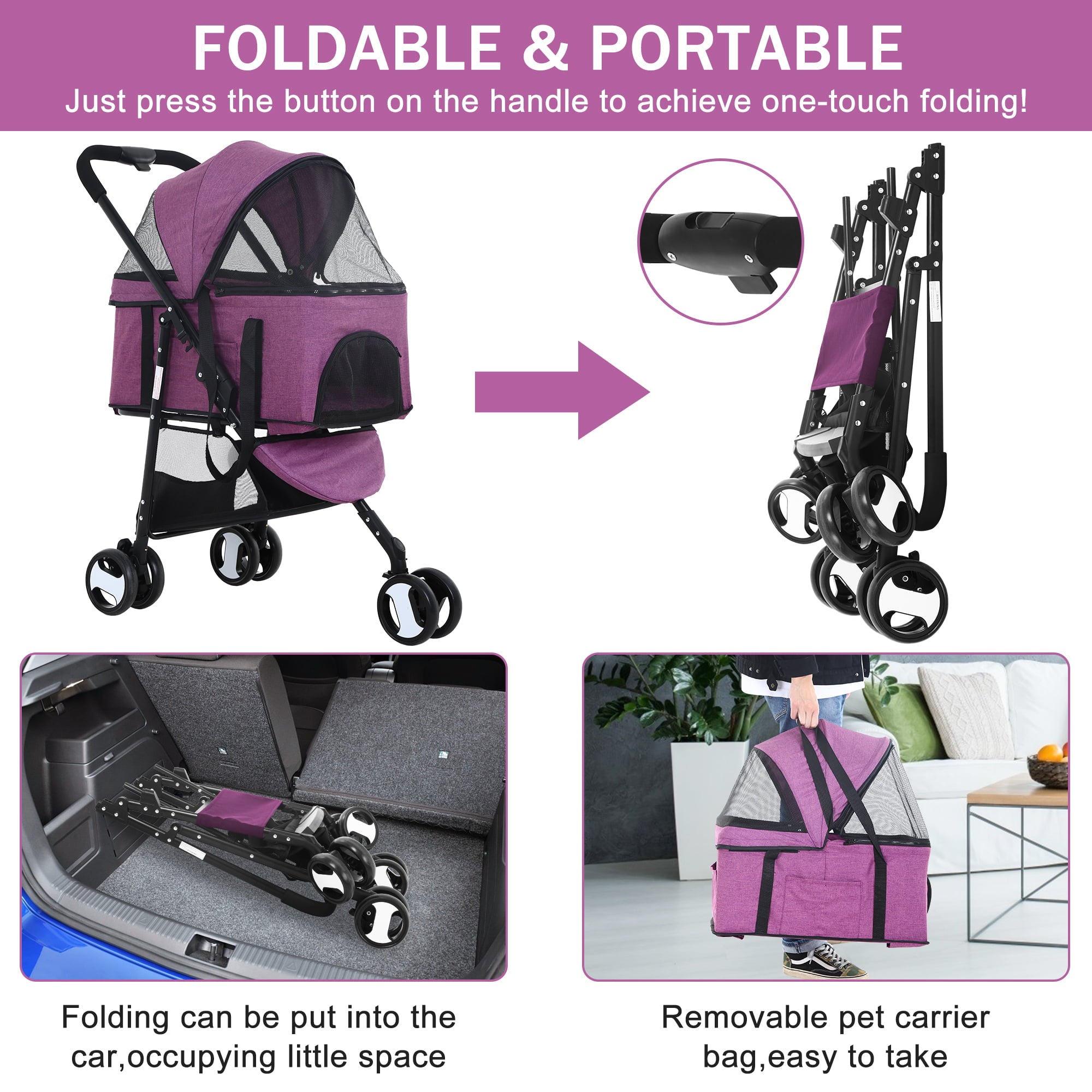 3 Wheels Dog Stroller Foldable Pet Stroller Cat Stroller with Storage Basket， 3-in-1 Lightweight Puppy Stroller for Travel (Purple)