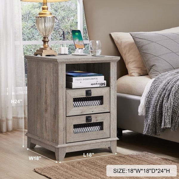 Nightstand with Charging Station，OKD 18'' Industrial and Farmhouse End Table with 2 Drawers and Open Cubby